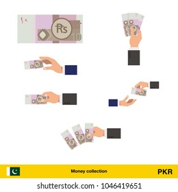  Set of  Pakistan rupee banknote. Holding, throwing  Pakistan rupee banknote.