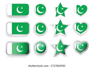 Set of Pakistan vector labels square button, circle button, star and heart buttons in flag colors green, white for flyer, poster or any holiday design