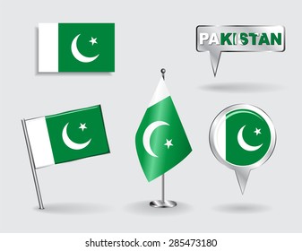 Set of Pakistani pin, icon and map pointer flags. Vector illustration.