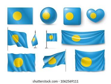 Set Palau realistic flags, banners, banners, symbols, icon. Vector illustration of collection of national symbols on various objects and state signs