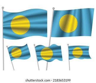 Set of Palau waving flag on isolated background vector illustration. 5 Palauan wavy realistic flag as a symbol of patriotism
