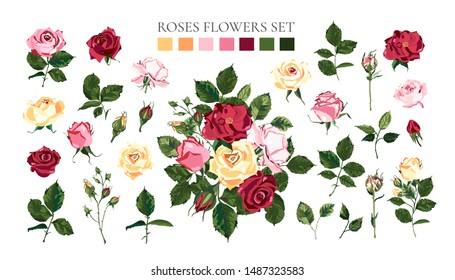 Set of pale pink red yellow roses flowers buds green leaves. Floral bouquets arrangements for wedding invitation save the date greeting card design. Botanical vector illustration in watercolor style