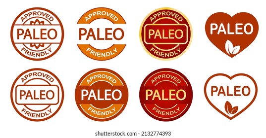 Set Of Paleo Approved Friendly Stamps. Paleo Diet. Orange And Red Round Frame. Product Label. Logo Or Icon. Sticker	