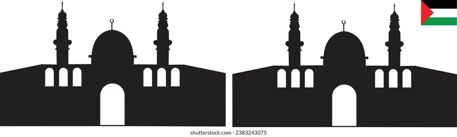 Set of Palestine al Aqsa mosque with Palestine flag fill icon, compound in the city of "Jerusalem" or "al Quds" in Arabic symbol silhouette flat design. Masjid Al-Aqsa for logo, black outline icon.