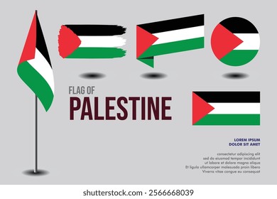 Set of Palestine flag in 5 designs: flag on pole, brush stroke, skew, round and standard. vector, flat, isolated on grey background
