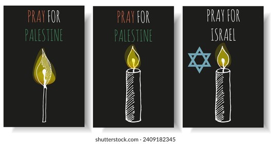 Set Palestinian pray card with Doodle hand drawn element. Collection web banner and poster with simple line candle on black background. Vector illustration for social media postcard. EPS 10