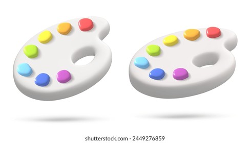 Set palette 3d icon with rainbow paint. Creative tools for drawing, painting. Main tool of creative person. Realistic isolated vector illustration for card, party, design, flyer, web, advertising