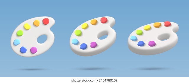 Set palette 3d icon with rainbow paint. Creative tools for drawing, painting. Main tool of creative person. Realistic isolated vector illustration for card, party, design, flyer, web, advertising