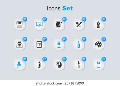 Set Palette knife, Computer with design program, Paint spray gun, Pencil case stationery, bucket and  icon. Vector