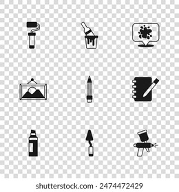 Set Palette knife, Notebook, Paint spray gun, Pencil with eraser, roller brush, bucket and Picture landscape icon. Vector