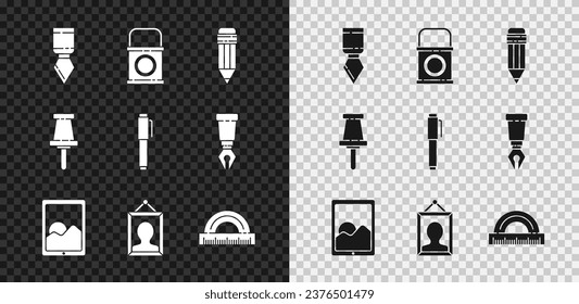 Set Palette knife, Paint bucket, Pencil with eraser, Graphic tablet, Picture, Protractor, Push pin and  icon. Vector