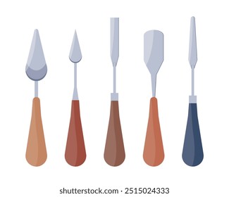 Conjunto de facas de paleta de diferentes formas. Equipamento para aplicação de tinta em tela, mistura de cores, suavização. Ilustração vetorial