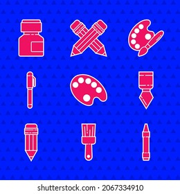 Set Palette, Paint brush, Wax crayons for drawing, knife, Pencil with eraser, palette and Paint, gouache, jar, dye icon. Vector