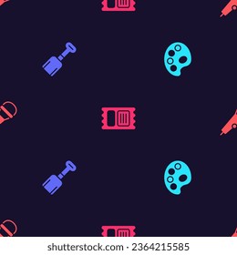 Set Palette, Shovel toy, Circus ticket and Microphone on seamless pattern. Vector