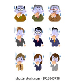 A set of pallor facial expressions of people working in the office, various ages and genders