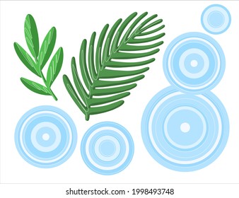 A set of palm branches, leaves and circles on the water.