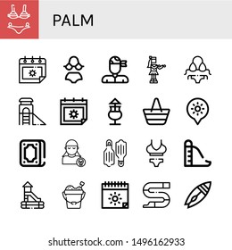 Set of palm icons such as Bikini, Summer, Pirate, Hula, Slide, Mai thai, Beach bag, Holidays, Fortunetelling, Flippers, Sand bucket, Surfboard , palm
