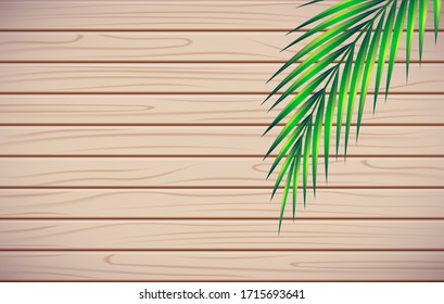 Set of palm leaves and exotic plants. Copy space vector graphic green jungle and tropics on wood texture background. Symbolizes a trip in good weather in the summer.