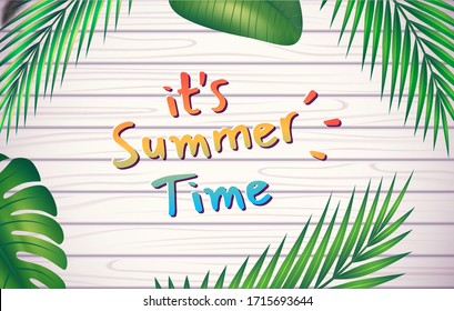 Set of palm leaves and exotic plants. Copy space vector graphic green jungle and tropics on wood texture background. Symbolizes a trip in good weather in the summer.