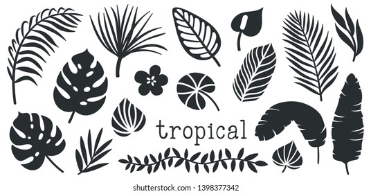 Set of palm leaves and flowers silhouettes. Black summertime poster. Collection of scrapbooking elements for beach party with exotic plants.