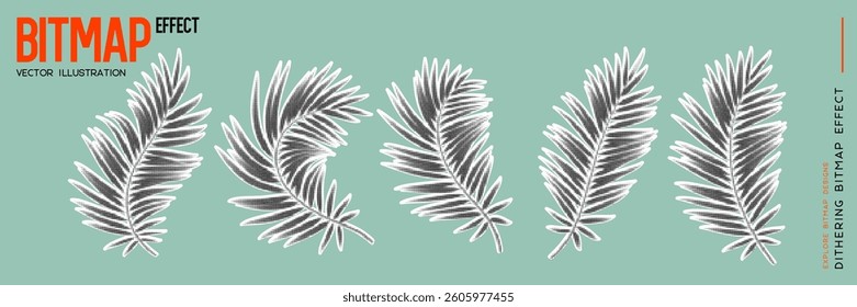 Set of palm leaves with halftone effect. Exotic tropical leaves for summer jungle vintage retro design. Trendy vector illustration.