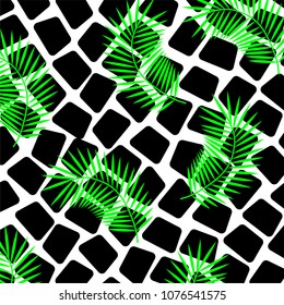 Set of palm leaves silhouettes isolated on black and white background