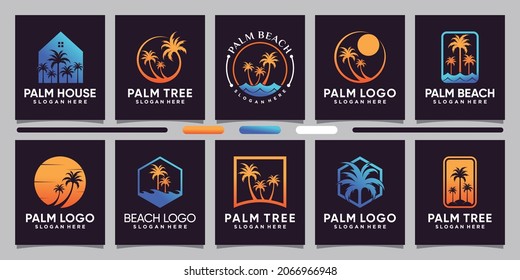 Set of palm logo design template with negative space concept and linear style Premium Vector