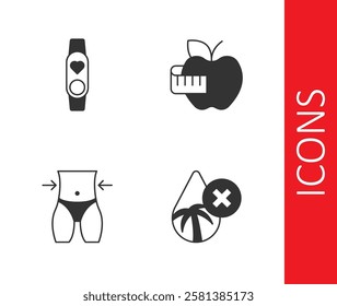 Set Palm oil free, Smart watch with heart, Women waist and Apple and measuring tape icon. Vector