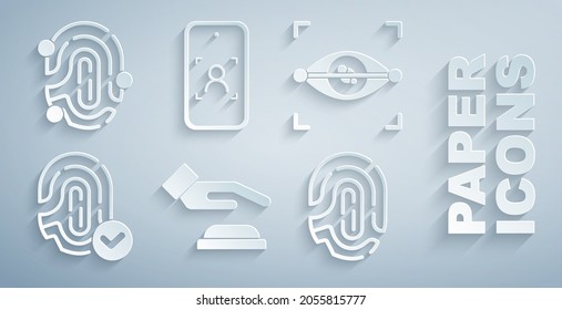 Establecer reconocimiento de impresión de Palm, exploración ocular, huella digital, móvil y cara e icono. Vector