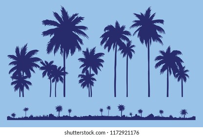 Set of palm silhouette vectors to edit Blue palm trees on a blue background A set for the designer. Vector illustration EPS 