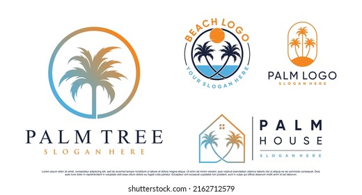 Conjunto de ilustraciones de diseño con logotipo de palmeras y playa con elemento creativo Vector Premium