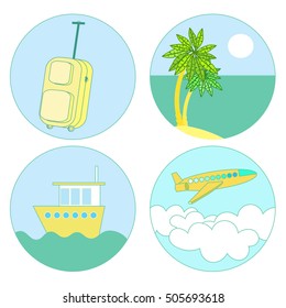 set of palm tree icon ship, aircraft, luggage vector illustration