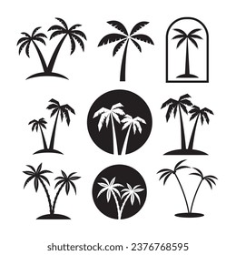 Set of palm tree labels and design elements. Vintage palms illustrations. Vector design  element for emblem, logo, insignia, sign, identity, logotype, poster.