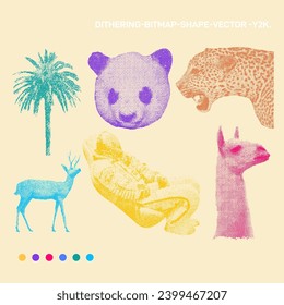 Set of palm tree, panda, leopard, deer, astronaut, lama. Digital art, web graphics, vintage-inspired branding. Dithering Bitmap Shape. Print for fashion and design. Vector illustration. Y2K.