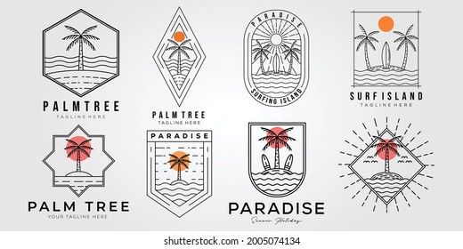 set of palm tree and paradise logo vector illustration design. bundle of tropical beach line art symbol - Shutterstock ID 2005074134