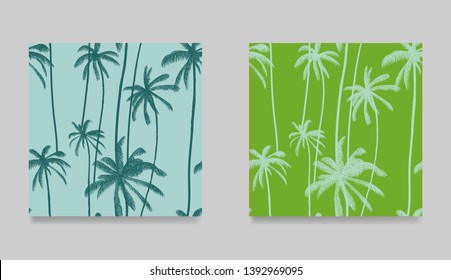 Set of palm tree seamless pattern. Hand drawn green textures on exotic trendy background. Nature textile print. Modern tropical template for swimwear, fabric, decoration or poster.