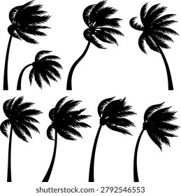Set of palm tree silhouettes in windy weather conditions