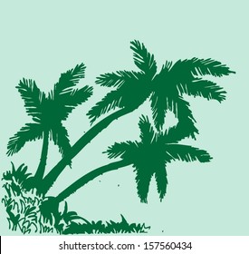 set of palm tree Tropical palm trees, black silhouettes background 