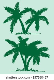 set of palm tree Tropical palm trees, black silhouettes background 