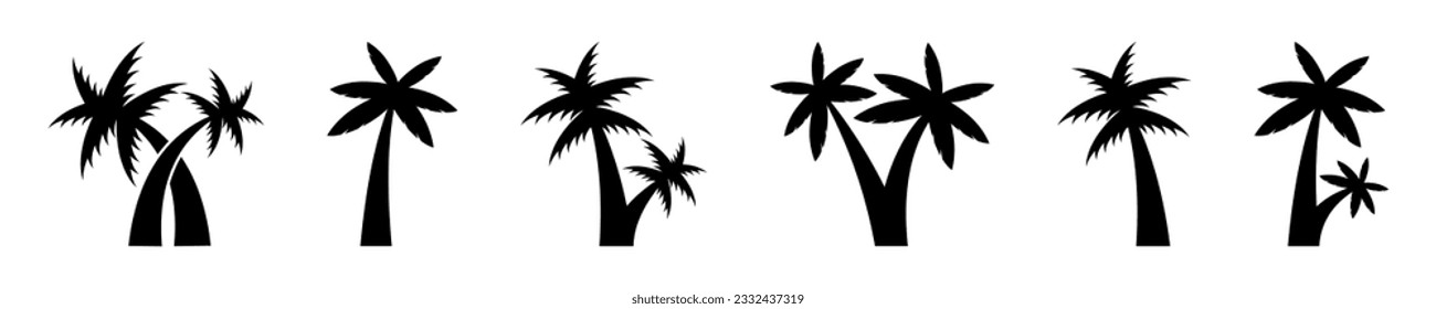 Conjunto de iconos vectoriales de palmeras. Silueta negra con cocoteros. Vector 10 Eps.