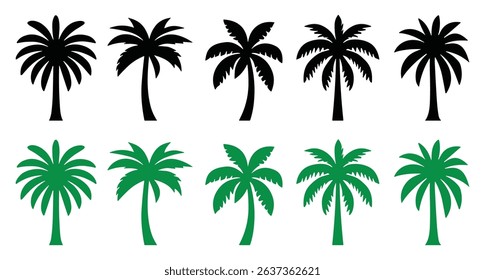 Set of palm tree vector icons. Tropical coconut trees silhouettes and green designs isolated on white background. Perfect for beach, summer, travel, nature, paradise, and jungle themes in flat style.
