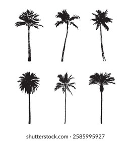 Set of palm trees in black and white silhouette icon vector drawing