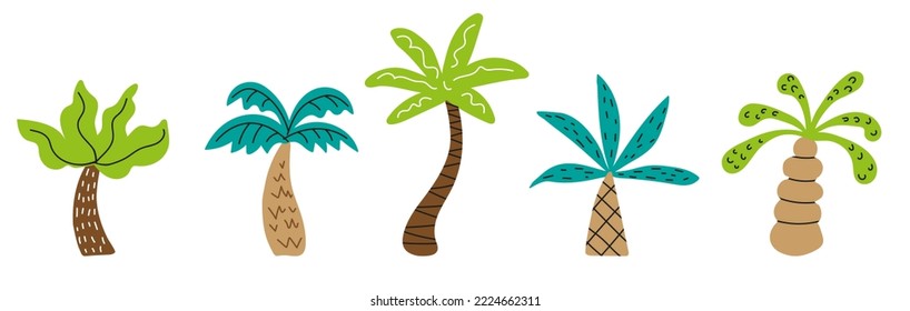 Set of palm trees for childish seashore, jungle landscapes. Simple colored drawing clip art of  palm tree for creating an environment travel to sea. Theme of holiday, vacation in children's product.