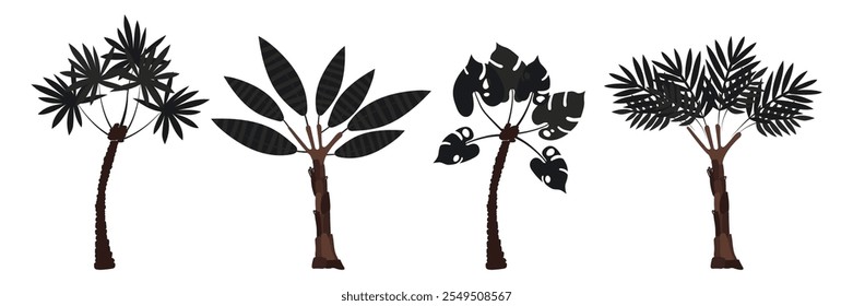 Set of palm trees: coconut and banana. Large carved leaves and dark trunks. Plants. Vector illustration.