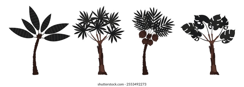 Set of palm trees: coconut and banana. Large carved leaves and dark trunks. Plants. Vector illustration.