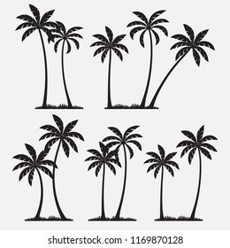 Set of palm trees, coconut trees, black silhouette isolated on white background. Vector illustration