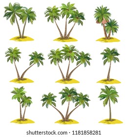 Set of palm trees (coconut, date, acai), realistic vector illustrations on white background.