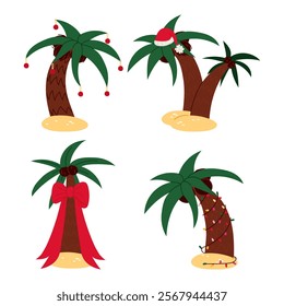 set of palm trees with coconuts decorated with Christmas toys, garland, a bow, a Santa hat on a white background. Merry Christmas. Suitable for printing on greeting cards, posters, banners, souvenirs.