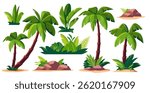 Set of palm trees. Colorful stickers with tropical plants and green exotic trees and bushes. Jungle and tropical beach flora. Cartoon vector illustration collection isolated on background
