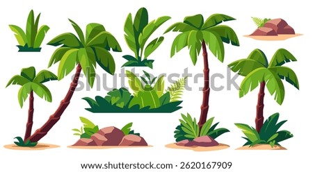 Set of palm trees. Colorful stickers with tropical plants and green exotic trees and bushes. Jungle and tropical beach flora. Cartoon vector illustration collection isolated on background